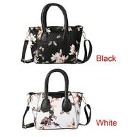 New Fashion Women PU Handbag Flower Print Shoulder Bag Zipper Closure Casual Tote Travel Crossbody Bag Black/White
