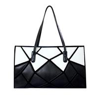 New Fashion Women Handbag PU Leather Patchwork Contrast Geometric Pattern Shoulder Bag Black & White