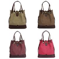 new vintage women casual canvas bucket bag pu leather large capacity d ...