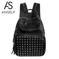 New Fashion Women Backpack Soft PU Rivets Zipper Grab Handle Top Pockets School Travel Bag Black/Grey