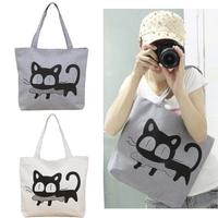 New Fashion Women Handbag Cat Eat Fish Pattern Print Casual Cute Shoulder Bag White/Grey