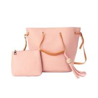 New Women Bag Set Shoulder Bag PU Leather Bucket Tassel Tote Clutch Crossbody Bag Black/Grey/Pink