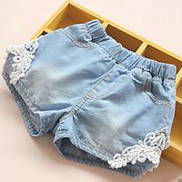 New 2016 Summer Fashion Girls Lace Flower Denim Pocket Short Jeans Pants Baby Casual Trousers Kids Shorts