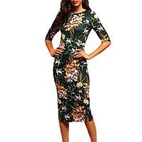 New Fashion Formal Work Party Vintage Bodycon Sheath DressFloral Split Round Neck Midi Length Sleeve