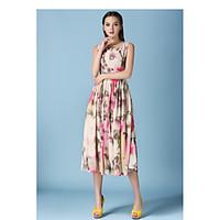 New women#39;s elegant sequined rose print elegant dress waist put on a large silk chiffon dress