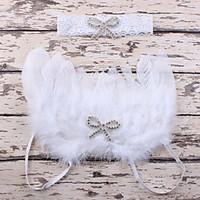 Newborn\'s Babys Feather White Angel Wings Set Auger Bowknot Heads Handbands