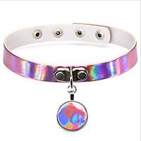 New Harajuku Punk Rock Gothic PU Leather Choker Necklace Reflective Laser Round Pendant Collar Necklace For Women Jewelry