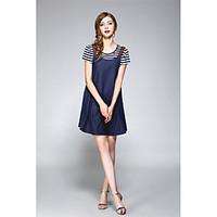 NEDO Women\'s Casual/Daily Holiday Simple Cute Street chic Spring Summer T-shirt Dress SuitsStriped Round Neck Short Sleeve Denim Micro-elastic