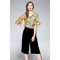 NEDO Women\'s Going out Casual/Daily Holiday Simple Cute Street chic Spring Summer Blouse Pant SuitsFloral Round Neck Cropped Pant Chiffon