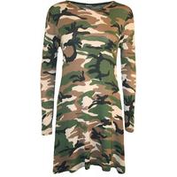 New Womens Army Camouflage Print Long Sleeve Flared Top Ladies Swing Dress 8-14 - Camouflage