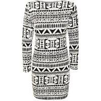 New Womens Aztec Print Black White Long Sleeve Bodycon Ladies Short Dress 8 - 14 - Black