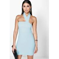 neck strap detail bodycon dress blue