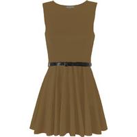 New Ladies Sleeveless Belted Skater Womens Dress 8-14 - Brown