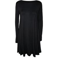 New Womens Plain Jersey Long Sleeve Stretch Flared Ladies Short Swing Dress 8-14 - Black