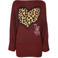 New Womens Plus Size Leopard Animal Heart Print Ladies Batwing Sleeve Top 16-26 - Wine