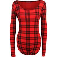 New Plus Size Womens Tartan Check Print Long Sleeve Scoop Ladies Bodysuit 16-26 - Red