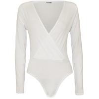 New Plus Size Womens Wrap Long Sleeve V Neck Ladies Bodysuit Leotard Top 16-20 - White