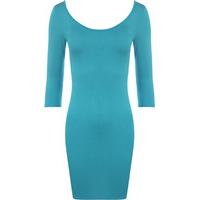 New Ladies Bodycon Stretch Short Dress Scoop Neck Low Back Womens Long Top - Turquoise