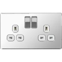 Nexus 2 Gang Switched Socket with White Insert - Flatplate Screwless Polished Chrome