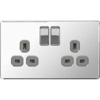 Nexus 2 Gang Switched Socket with Grey Insert - Flatplate Screwless Polished Chrome