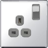 Nexus 1 Gang Switched Socket with Grey Insert - Flatplate Screwless Polished Chrome