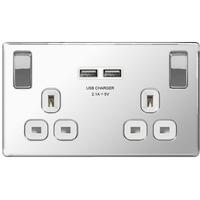 Nexus 2 Gang Socket with White Insert +2 x USB Ports (2.1A) - Flatplate Screwless Polished Chrome