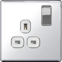Nexus 1 Gang Switched Socket with White Insert - Flatplate Screwless Polished Chrome