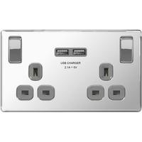 Nexus 2 Gang Socket with Grey Insert +2 x USB Ports (2.1A) - Flatplate Screwless Polished Chrome