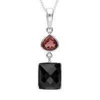 Necklace Unique Whitby Jet Pink Tourmaline And Silver Faceted Rectangle