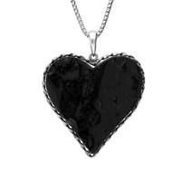 Necklace Whitby Jet And Silver Rough Cut Heart Silver Rope Edge