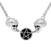 Necklace Whitby Jet And Silver Skulls And Pentagram In Circle