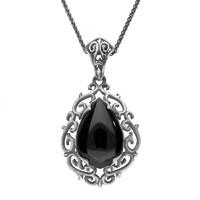 Necklace Whitby Jet And Silver Heavy Carved Pear