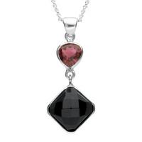 Necklace Unique Whitby Jet Pink Tourmaline And Silver Faceted Square