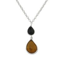 Necklace Whitby Jet And Silver Baltic Amber 2 Stone Offset Pear Drop