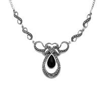 Necklace Whitby Jet And Silver Marcasite Pear Drop Bow Twist