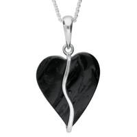 Necklace Whitby Jet And Silver Small Rough Cut Heart Wave Centre
