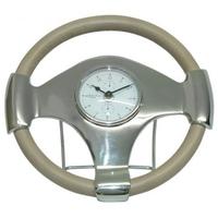 nickel and tan leather steering wheel table clock