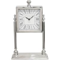 nickel and white square table clock on stand