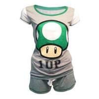Nintendo Super Mario Bros. Female Green 1-up Mushroom Shortama Nightwear Set Small Grey/green (zi060301ntn-s)