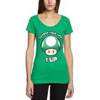 Nintendo Super Mario Bros Green Mushroom Extend Your Life 1UP Womens Medium T-Shirt Green
