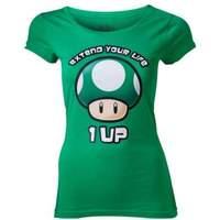 Nintendo Super Mario Bros Green Mushroom Extend Your Life 1UP Womens Small T-Shirt Green