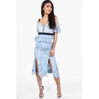 Nia Crochet Lace Open Shoulder Midi Dress - blue