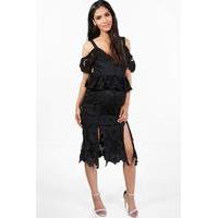 Nia Crochet Lace Open Shoulder Midi Dress - black