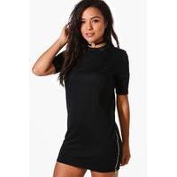 Nina Zip Detail Short Sleeve Sweat Dress - black