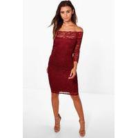 Nikki Lace Bardot Midi Dress - wine