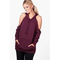 Nicole Open Shoulder Hoodie - burgundy