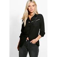 Nicky Embroidered Ladder Trim Shirt - black