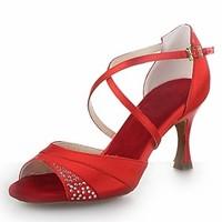 Non Customizable Women\'s Dance Shoes Latin Satin Flared Heel Black/Brown/Red/Silver