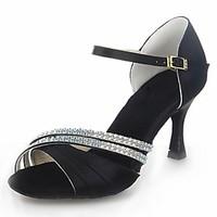 Non Customizable Women\'s Dance Shoes Latin Satin Flared Heel Black/Brown/Red/Silver