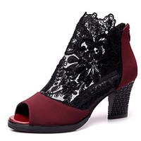 Non Customizable Women\'s Dance Shoes Sandals Modern Leather Lace Chunky Heel Black/Red